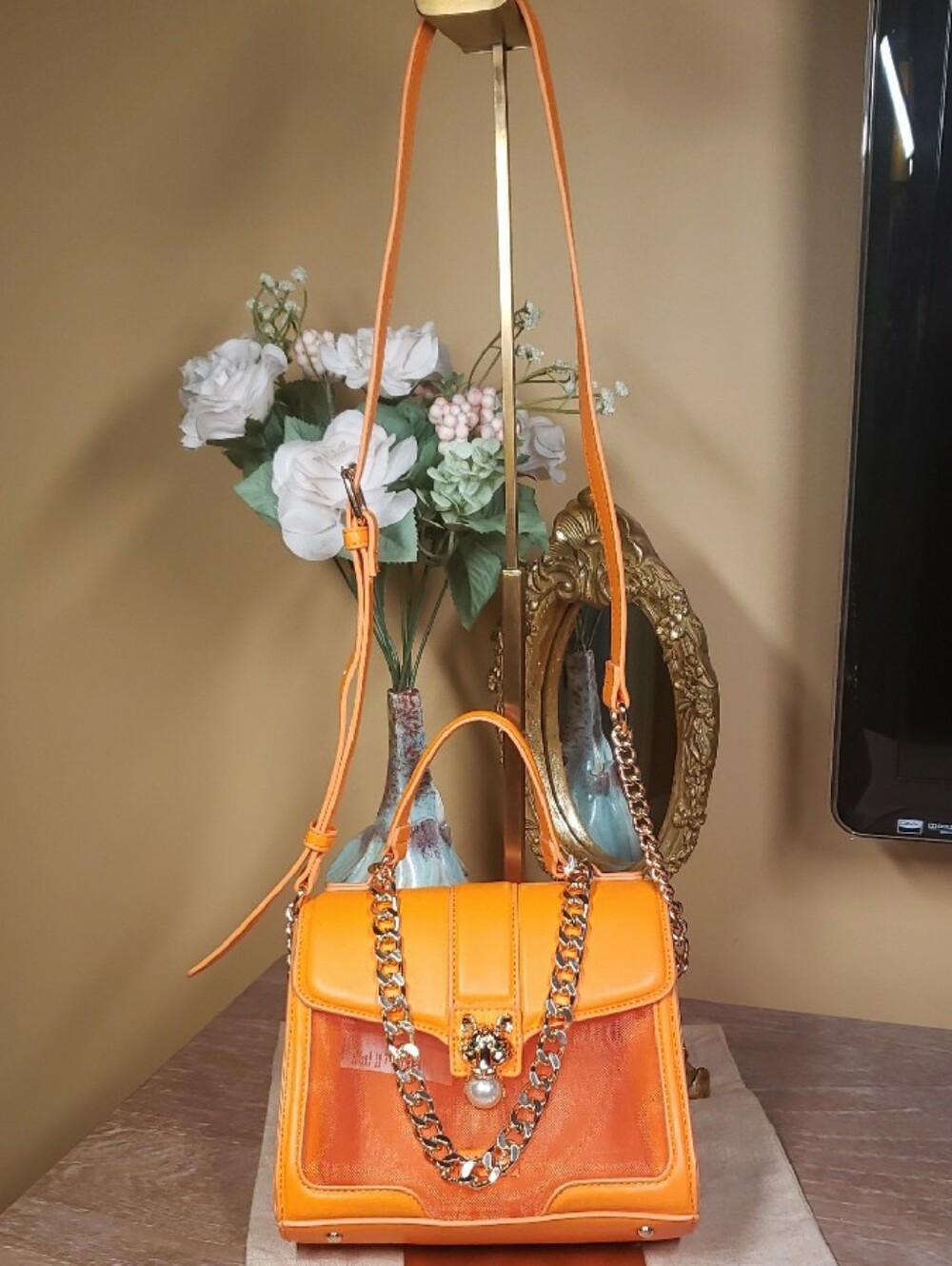 Aldo Orange Mesh Stadium Satchel / Crossbody Bag w/ Tiger & Chain Detail - Picture 5 of 12